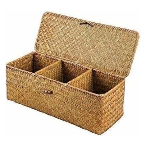 Panier de Rangement avec Couvercle Rectangulaire Coffre en Osier avec Compartiments Organisable Papier Toilette Snack Jouets (1/4)