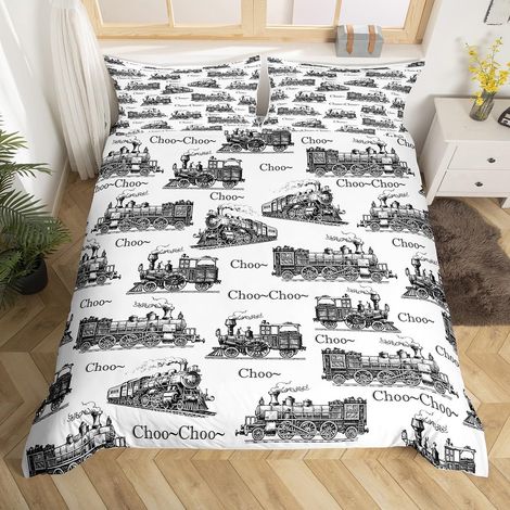 Parure de lit avec housse de couette et 1 taie d'oreiller - Motif train à vapeur vintage - Pour enfants, garçons, filles, adolescents, chambre à coucher, vieux trains - Noir et blanc (1/5)