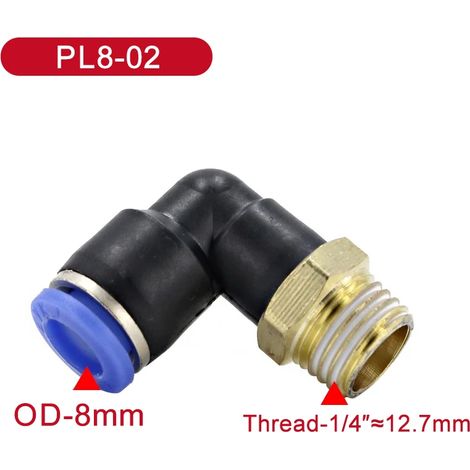 (PL8-02-50 PCS) Coude PL, raccord pneumatique mâle à filetage, montage par pression sur tube, diamètre extérieur (1/5)