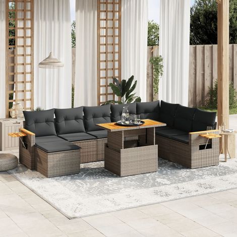 Ensemble de jardin 9 pièces en résine tressée grise avec table extensible, coussins amovibles et module d'angle - Salon d'extérieur complet (1/3)