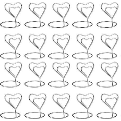 Memo Card Photo Holder - Silver - Metal - 20 Pieces - Heart-Shaped Design - Elegant Table Decoration