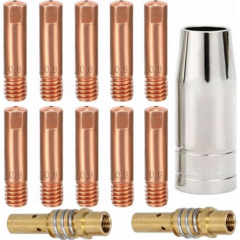 MB15 Pointe de contact de soudage MIG 0,8 mm 0,030 '' M6, buse conique et support de pointe diffuseur consommables de torche de soudage accessoire pour MB15 15AK (13 pièces) (1/5)