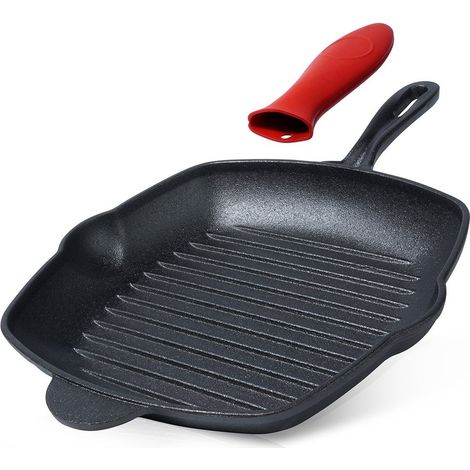 Square cast iron grill pan with silicone handle for all heat sources