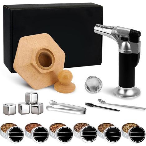 Cocktail Smoker Kit with Torch, 6 Flavors of Wood Chips and 4 Whiskey Stones for Infusing Beverage (Butane Free) (1/5)