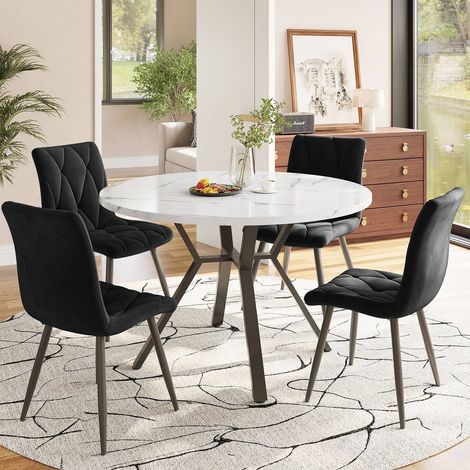 Ensemble de salle à manger 100 cm avec table ronde effet marbre et 4 chaises ergonomiques en suédine noire (1/5)