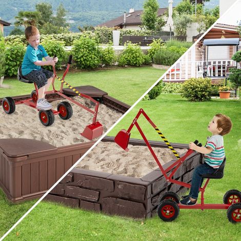 Pelleteuse Enfant Jouet de Sable avec Pelle Flexible Siège Rotatif à 360° & Dossier Ergonomique 4 Roues Excavatrice Rouge (1/2)