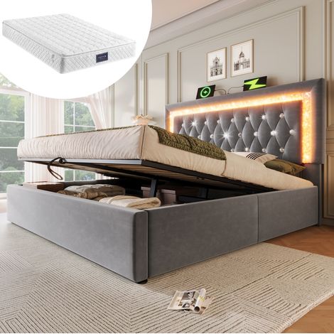 Letto matrimoniale 160x200 cm con striscia LED nella testiera, ricarica USB e Type C, contenitore idraulico, velluto grigio (1/5)