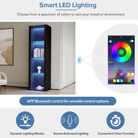 Vitrine haute noire brillante avec éclairage LED, 3 espaces vitrés, dimensions 5538166 cm, vitrine autoportante de rangement (1/4)