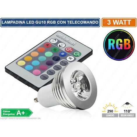 LAMPADINA LED GU10 3W FARETTO SPOTLIGHT 110° RGB CON TELECOMANDO CROMOTERAPIA (1/5)