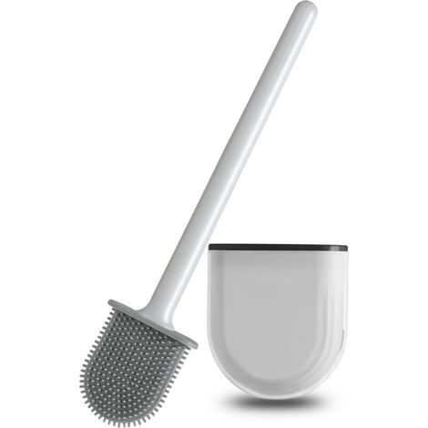 Brosse WC et support pour salle de bain. tête de brosse de nettoyage de cuvette flexible avec poils en silicone. taille compacte pour le rangement et l'organisation avec base à fentes d'aération (blan