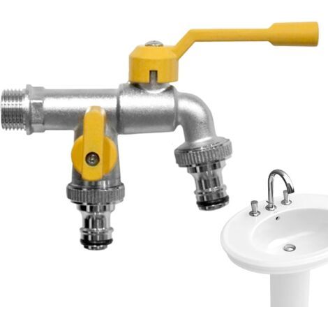 Garden water tap, frost-resistant outdoor tap, double-outlet brass with rust-resistant design, dual water supply, durable garden fixture with robust construction, tool (1/5)