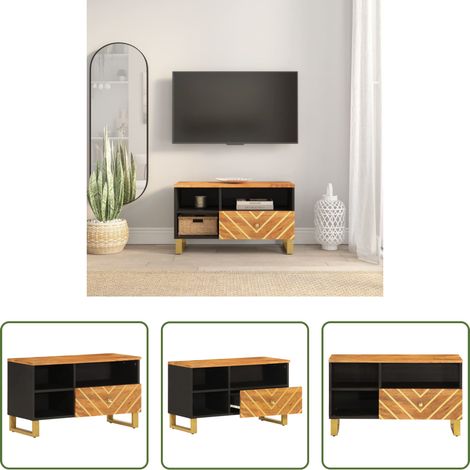 vidaXL Rangement - Meuble TV marron et noir 80x33,5x46 cm bois massif de manguier (1/5)