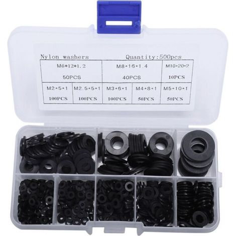 500pcs rondelles plates noires joints de nylon kit joint kit de joint rond laveur de rondelles d'étanchéité assortiment assortiment d'œillets en caoutchouc (m2 m2.5 m4 m4 m5 m6 m8 m10) pour