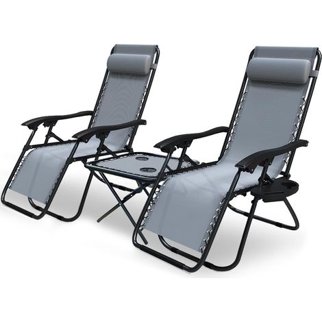 VOUNOT Set of 2 Sdraio da Giardino con Tavolino e Supporto per Tazza, Sedie Reclinabili, Grigio (1/5)