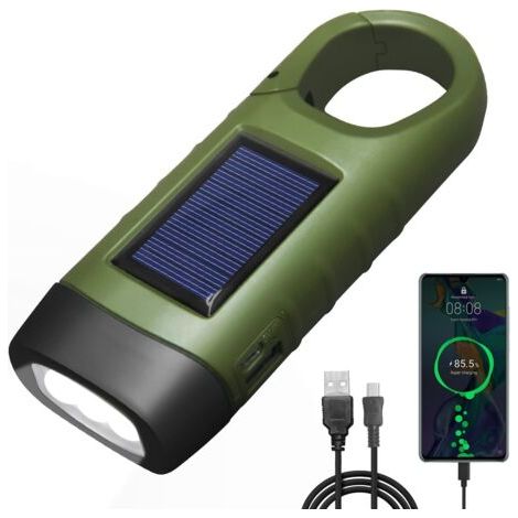 Lampe de poche LED Rechargeable USB, Dynamo lampe de poche pour recharger téléphone, Lampe de poche solaire rechargeable avec boucle de randonnée pour urgence/extérieur/camping (vert) (1/5)