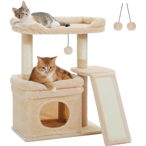 Petit Arbre à Chat pour Chats Adultes avec Large Surface de Couchage supérieure, Grotte privée et Colonne à griffer en sisal, griffoir pour Chats d'appartement, Beige (1/5)