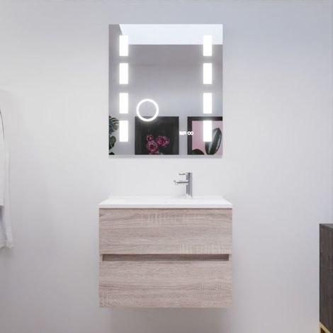 Meuble salle de bain 70 cm ROSALY avec plan vasque et miroir Excellence- Bois- Plan vasque en Résine