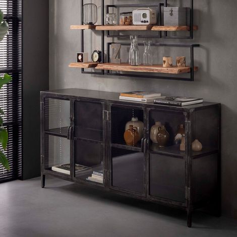 Buffet bas industriel 180 en métal avec portes vitrées IRON (1/5)