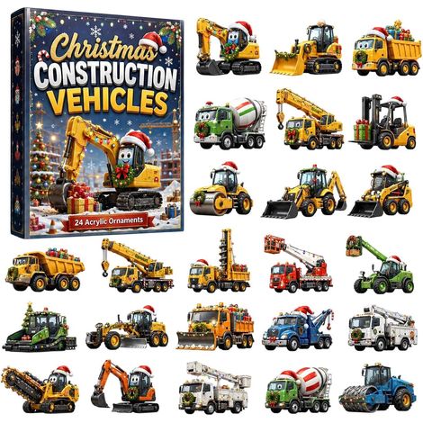 Adventskalender 2026 mit Baustellenfahrzeugen – 24 Teile – mehrfarbig – Acryl – Weihnachtsmotiv mit Baustellenfahrzeugen – Hängende Ornamente – Sammelbare Mini-Dekorationen – Geeignet für Weihnachtsba (1/5)