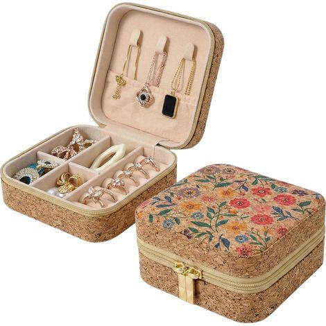 Boîte à Bijoux Voyage Liège & Fleurs – Petite Boite Rangement Bijoux Vintage – Organisateur Compact Modulable pour Bagues, Colliers, Boucles d'Oreilles – Idée Cadeau Femme Original (10x10cm) (1/5)