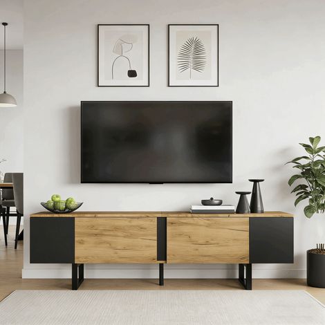 Meuble TV moderne en bois 180 x 40 x 55 cm avec 2 portes de rangement et espaces de rangement ouverts meuble de salon naturel (1/5)