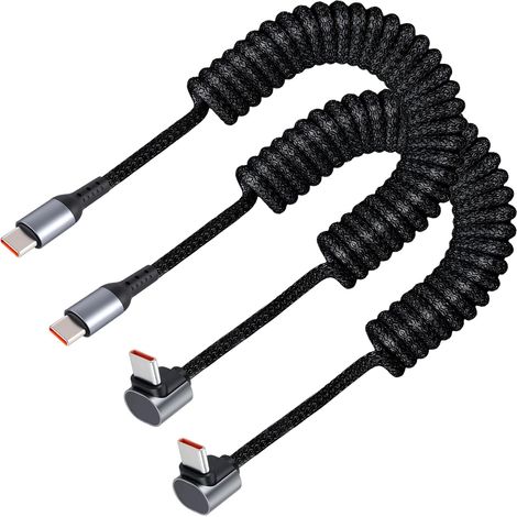 100-W-Winkel-Spiral-USB-C-Kabel (0,4 bis 1 m) – Flexibles Daten- und Schnellladekabel fürs Auto, Android Auto, CarPlay, kompatibel mit iPhone 16/15, Tesla Model Y, Samsung Galaxy S24