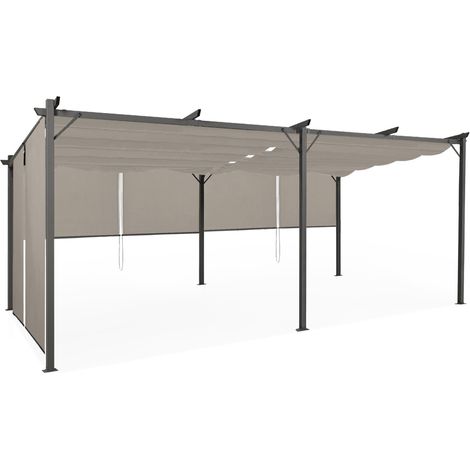 Idmarket – Pergola toit rétractable 3x6 m – 6 stores enrouleurs taupe – Structure métal gris foncé – Dimensions 220 cm de hauteur