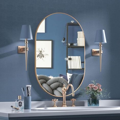 Miroir ovale de salle de bain 40 x 60 cm – Cadre en métal doré – Étanche et anti-chocs – Installation verticale/horizontale (1/5)
