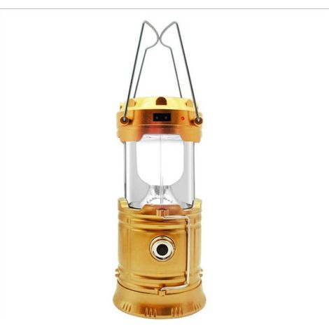 Lanterne de camping solaire rechargeable à LED, double éclairage, idéale pour le camping, la pêche, la randonnée, polyvalente, câble de chargement USB inclus (doré)