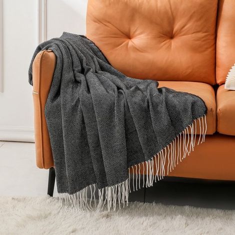 Couverture à pompons en imitation cachemire - Couverture décorative légère - Couverture tricotée ultra douce - Avec pompons - Pour lit ou canapé, 127 x 152 cm - Noir (1/2)