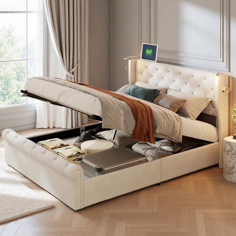 Letto matrimoniale 140x190 cm - Velluto beige - Contenitore idraulico - LED + USB - Rete a doghe