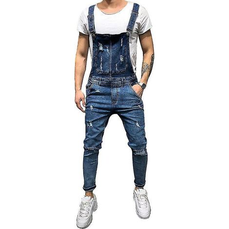 Zerrissene Herren-Latzhose aus Denim mit Hosenträgern – Größe 3XL – Dunkelblau
