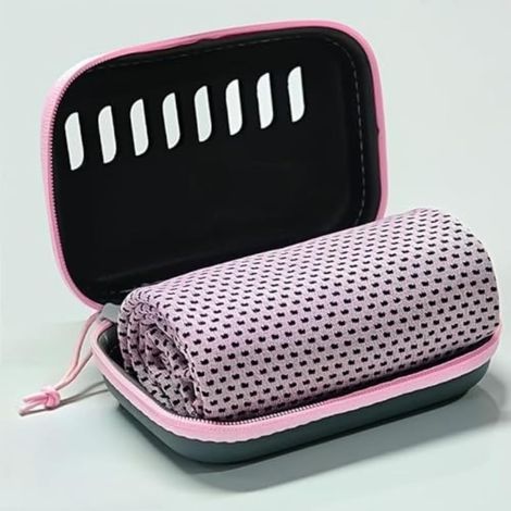 Serviette de sport avec boîte de rangement en EVA, légère, portable et lavable en machine, adaptée pour le camping, la randonnée et la salle de sport, tissu durable, équipement essentiel (rose clair) (1/5)