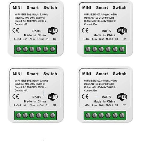 Lot de 4 interrupteurs relais Wi-Fi, interrupteur d'éclairage sans fil avec télécommande, commande vocale et minuterie. (1/3)