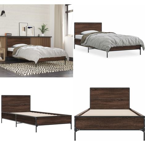 Bettgestell Braun Eichen-Optik 100x200 cm Holzwerkstoff Metall - Holzbettfassungen - Doppelbett - Bettkasten - Lattenrost - Eiche Möbel - Home & Living