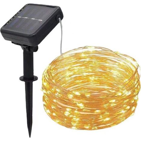 Guirlande lumineuse LED jaune de 12 m, 8 fonctions, à cellules solaires