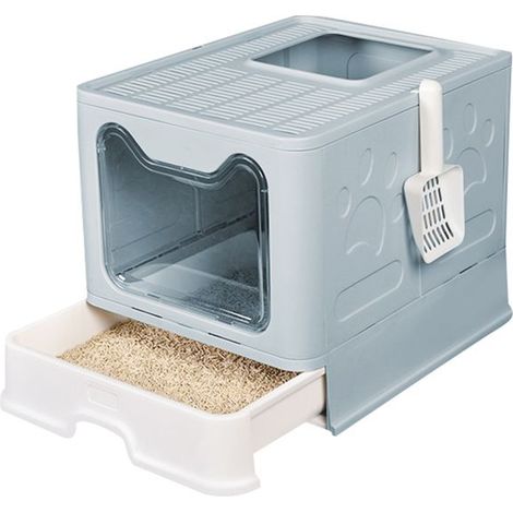 1 bac à litière pliable pour chat, maison de toilette avec pelle, design scandinave moderne, bleu, 51x41x38 cm, chambre (1/4)