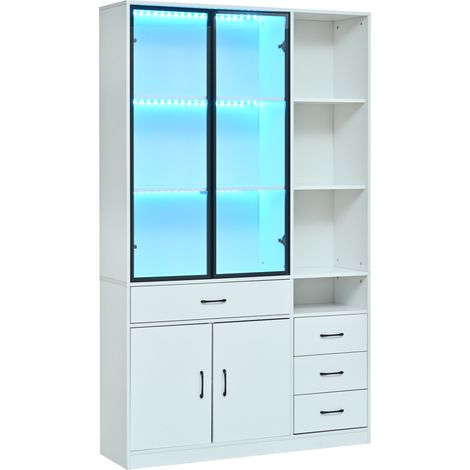 Vitrine blanche avec LED et 13 espaces de rangement, 120x35x200 cm, 4 tiroirs et portes (1/5)