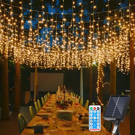 TolleTour Cortina de Luces Solar LED 10 m 400 LED para Interior y Exterior,Decoración de Navidad,Jardín,Boda y Fiesta,Blanco Cálido (1/5)