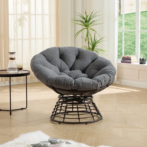 Fauteuil Papasan rotin – 360° – Coussin épais – Marron/gris – Salon/Chambre/Lecture – Velours côtelé (1/5)