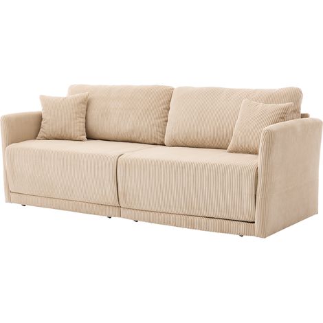 Canapé Droit Convertible - 2 Places - Confortable - Velours Côtelé - Coussins Inclus & Mémoire de Forme - 182 x 88 x 84 cm - Beige (1/5)