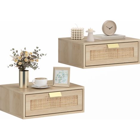 Ensemble de 2 tables de chevet suspendues avec tiroir en rotin, gain de place, design moderne, 40 x 30 x 15 cm, naturel (1/5)