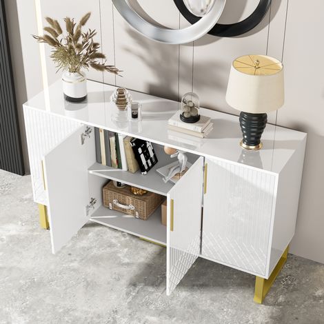 Credenza bianca con 4 ante, gambe e maniglie dorate, design geometrico (1/5)
