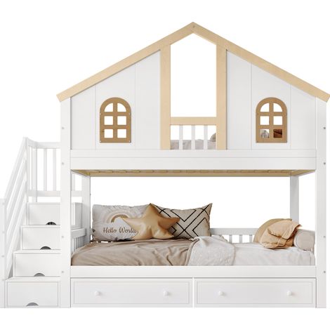 Letto a castello bambini 90x200 cm in pino/MDF bianco naturale con contenitore, senza materasso (1/5)