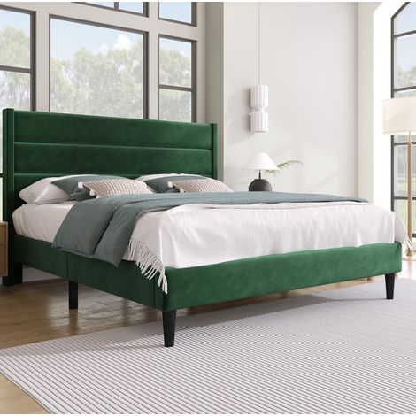 Lit rembourré moderne 140x200 cm en velours vert foncé avec tête de lit, sommier à lattes et matelas 7 zones H3 (1/5)