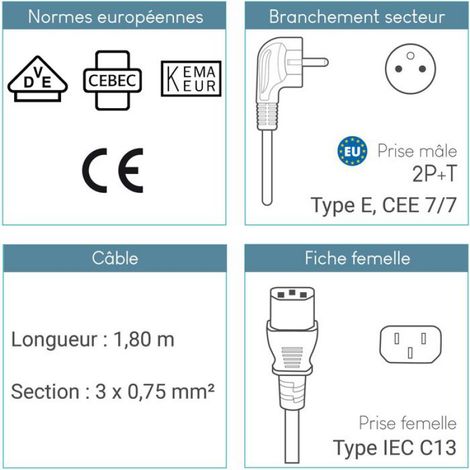 Lot de 5 Câbles d’Alimentation 1,80m CEE 7/7 Schuko vers IEC C13, pour PC fixe, Ecran, Onduleur, appareils ménagers compatibles (1/5)