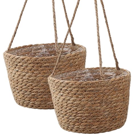 Lot de 2 jardinières suspendues en jonc mer tressé à la main, 20 cm, paniers suspendus vert naturel (1/5)