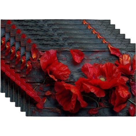 Lot de 6 sets de table motif coquelicot rouge vif - Sets de table pour table à manger - Antidérapants - Lavables - Pour intérieur et extérieur'Parent'Rouge'18x12 Inch (6PCS) (1/5)