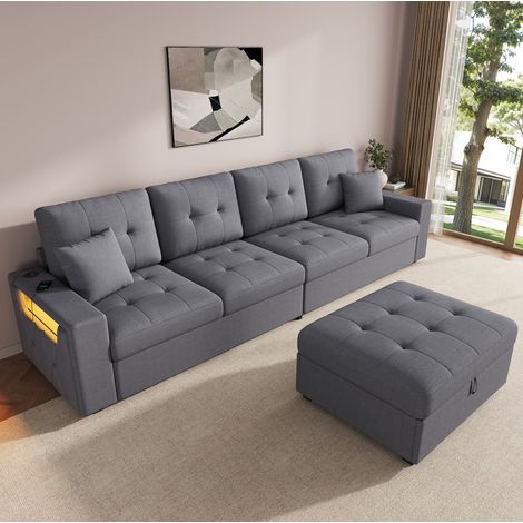 Divano angolare modulare 4 posti con pouf contenitore, LED e USB Type-C grigio DESVIAE (1/5)