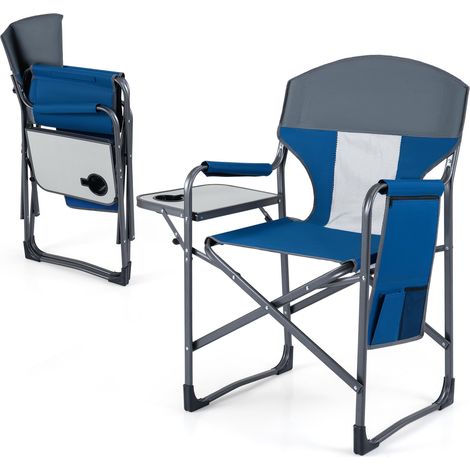 COSTWAY Sedia da Campeggio Pieghevole, Sedia da Regista con Tavolino Laterale, Portabicchieri e Tasca Portaoggetti, Portata 180 kg, Poltrona da Esterno per Spiaggia, Pesca e Picnic (Blu) (1/5)